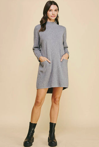 Pinch Mock Neck Front Pocket Sweater Dress, Grey