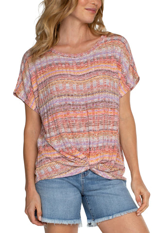 Liverpool Boat Neck Tee With Twisted Front Detail, Orange Tan Multistripe
