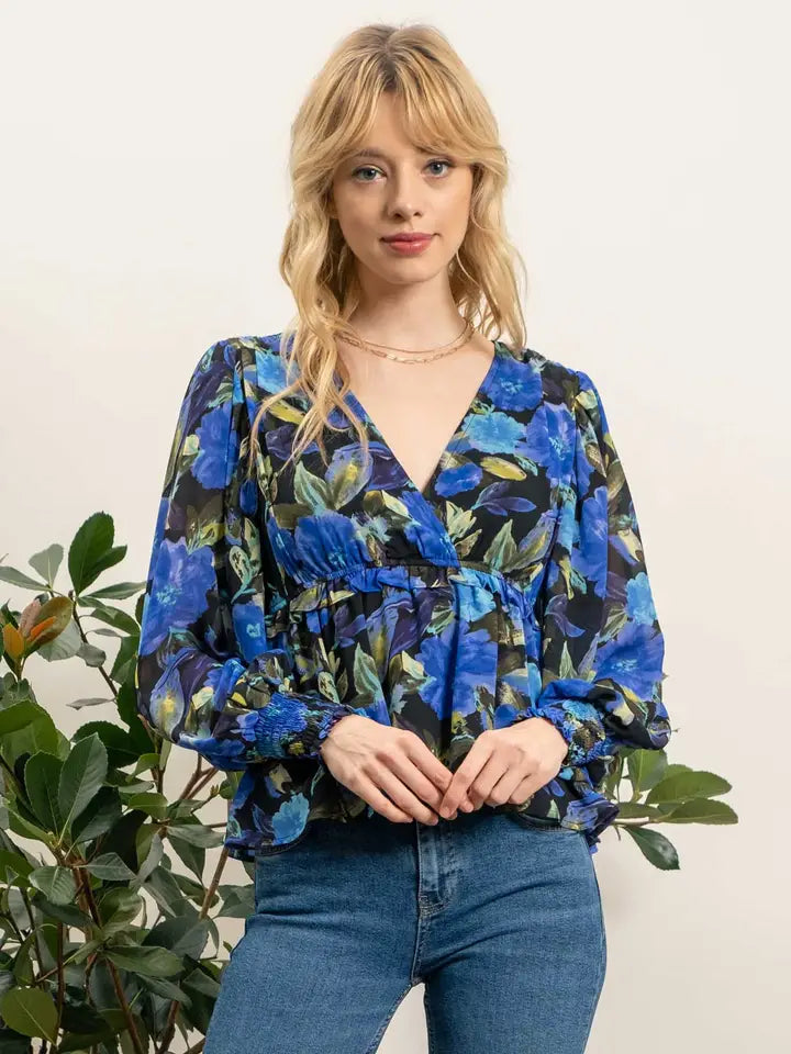 Blu Pepper V Neck Blue Floral Top