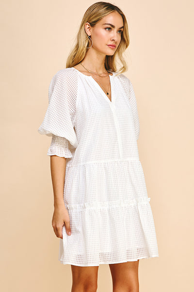 Pinch Short Sleeve Tiered Dress, White
