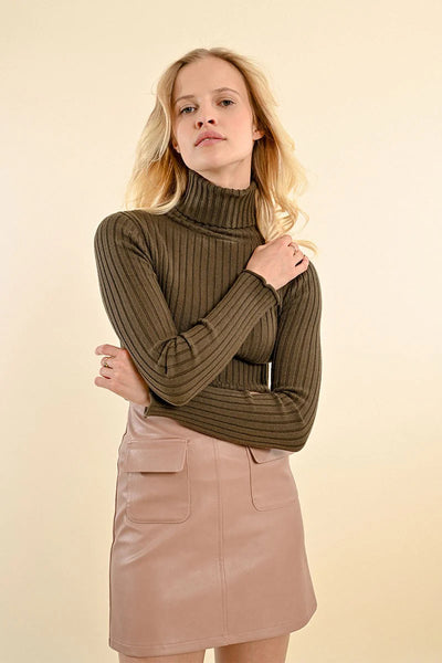 Molly Bracken Ribbed Knit Sweater W/Turtleneck Khaki