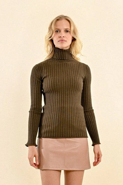 Molly Bracken Ribbed Knit Sweater W/Turtleneck Khaki