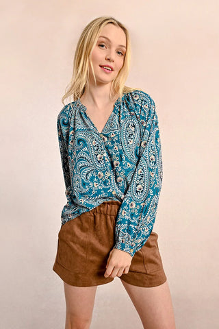 Molly Bracken Loose Paisley Print Blouse Blue Ella