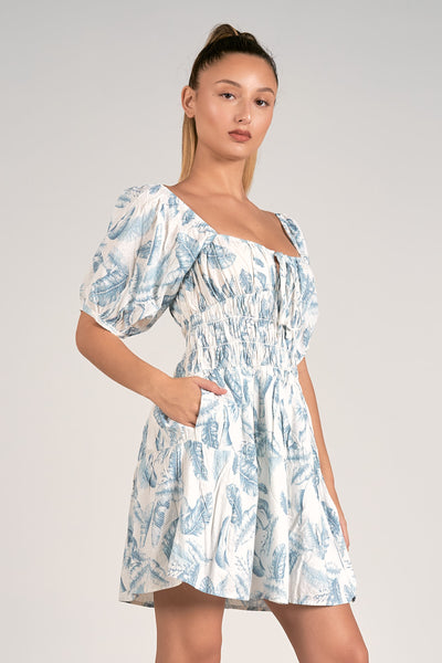 Elan Short Bubble Sleeve Dress, Blue Lima