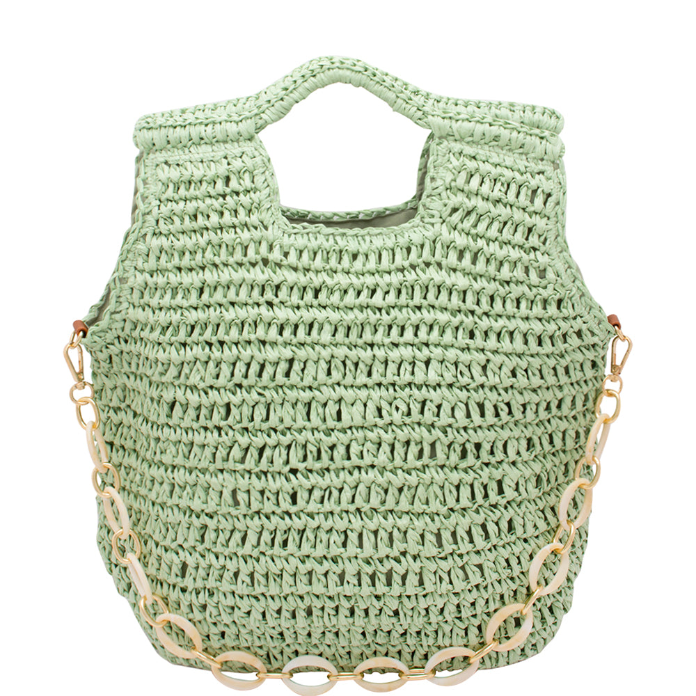 JOIA Straw Handle Chain Link Tote Bag Green