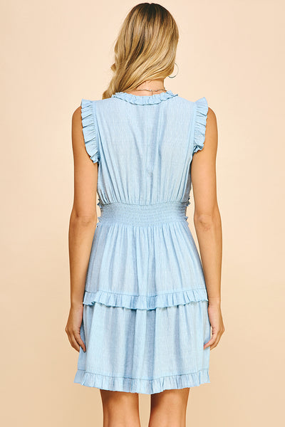 Pinch Sleeveless V Neck Ruffle Detail Dress Pastel Blue