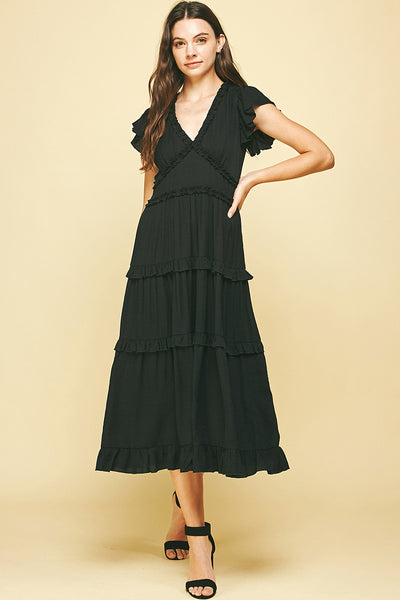 Pinch Ruffled Tea Length Dress Black