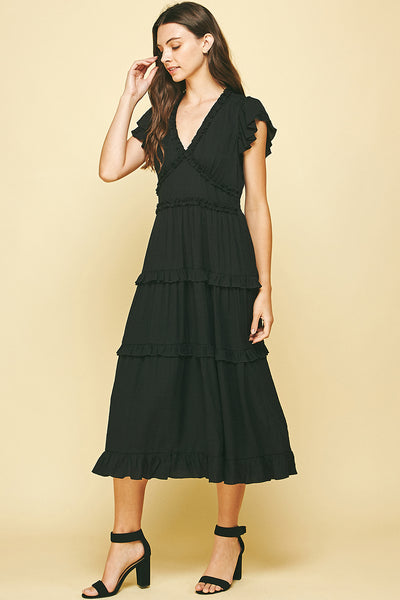 Pinch Ruffled Tea Length Dress Black