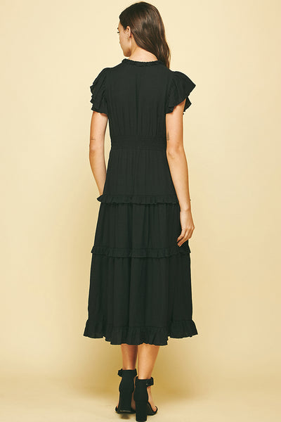 Pinch Ruffled Tea Length Dress Black