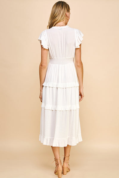 Pinch Ruffled Tea Length Dress White