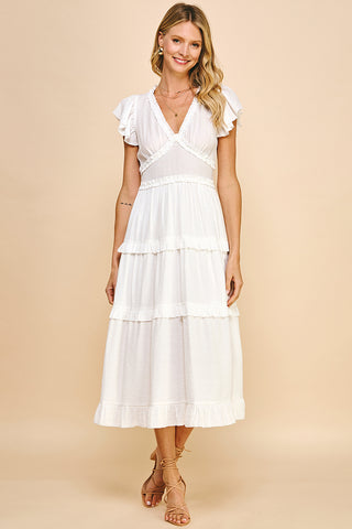 Pinch Ruffled Tea Length Dress White