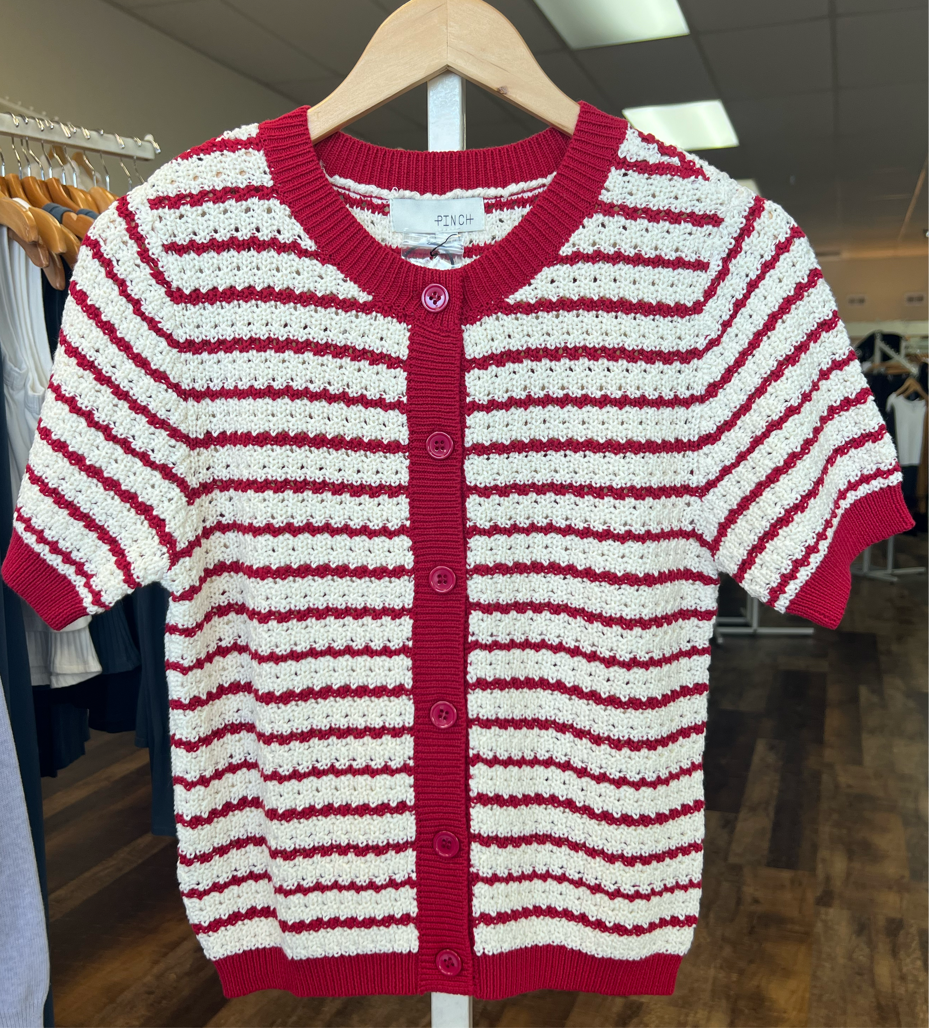 Pinch Stripe Button Down Sweater Red/ Off White