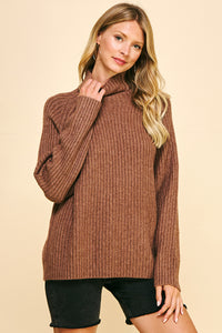 Pinch Ribbed Turtleneck Sweater Brown