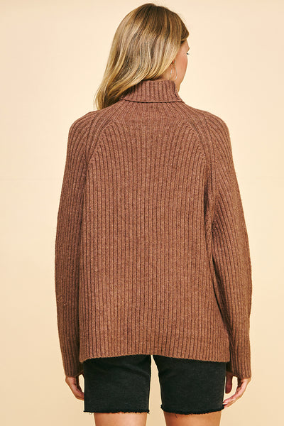 Pinch Ribbed Turtleneck Sweater Brown