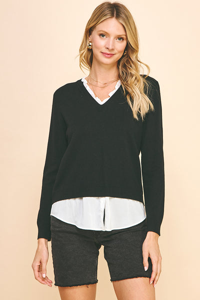 Pinch V Neck Knit Woven Combo Top Black