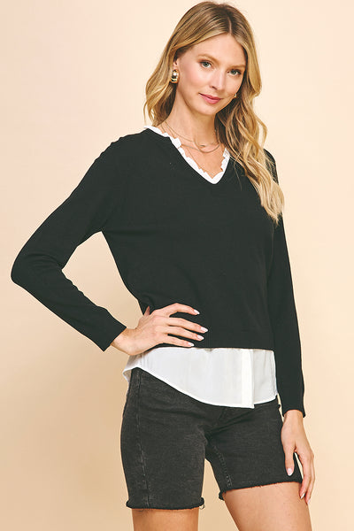 Pinch V Neck Knit Woven Combo Top Black