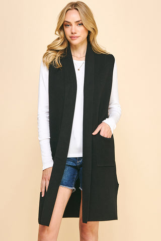 Pinch Sleeveless Open Knitted Cardigan Black