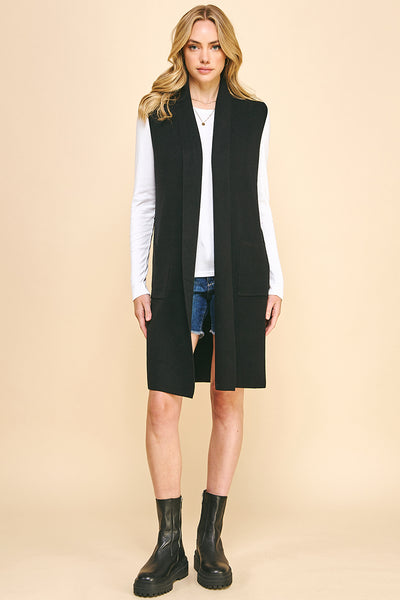 Pinch Sleeveless Open Knitted Cardigan Black