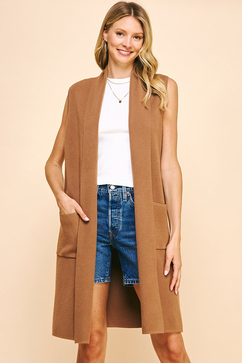 Pinch Sleeveless Open Knitted Cardigan Camel