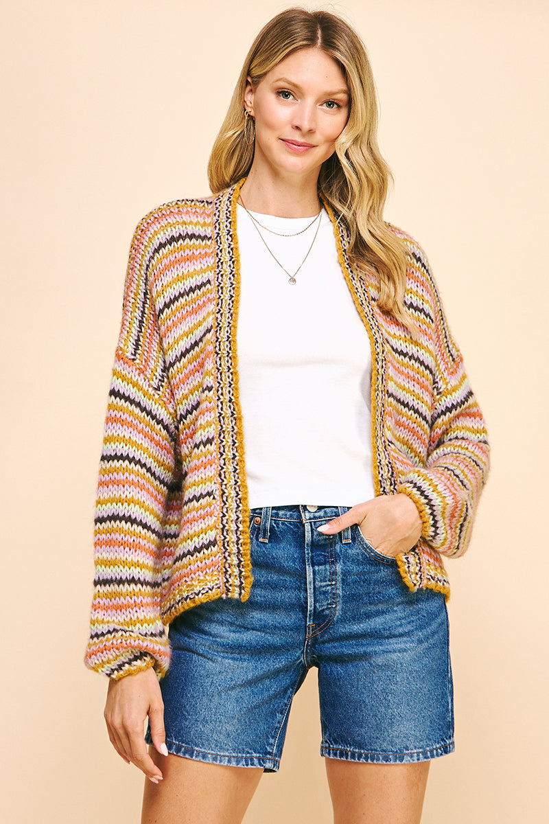 Pinch Stripe Open Style Cardigan Mustard Stripe