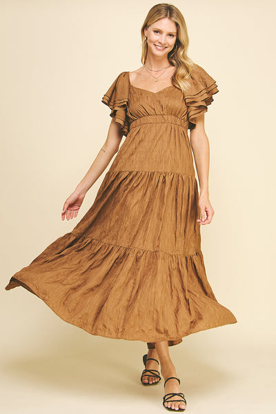 Pinch Solid Tiered Maxi Dress Toffee