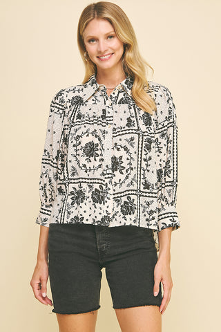 Pinch Floral Print Button Down Shirt Black