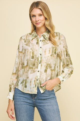 Pinch Print Button Down Shirt Sage Multi