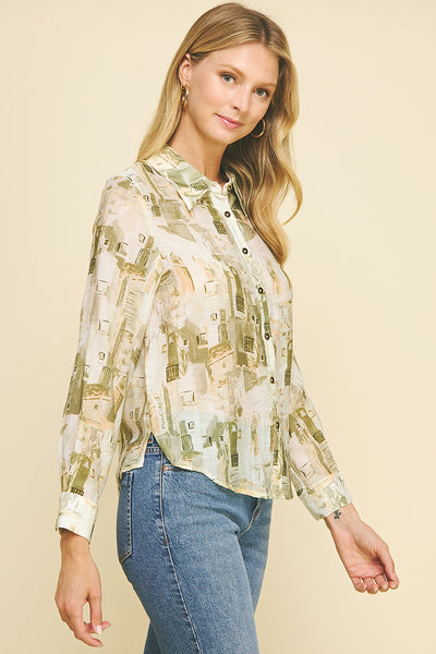 Pinch Print Button Down Shirt Sage Multi