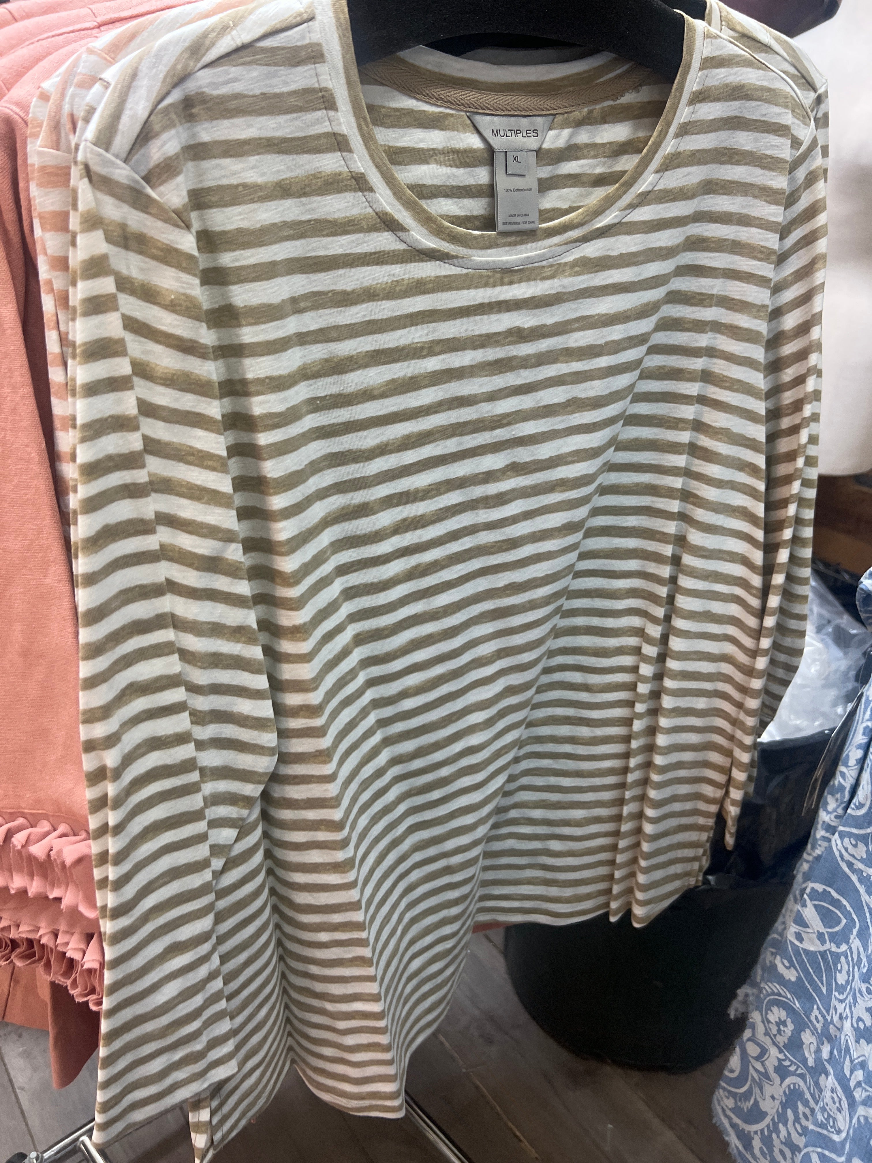 Multiples 3/4 Sleeve Scoop Neck Top With Shaped Hem, Taupe