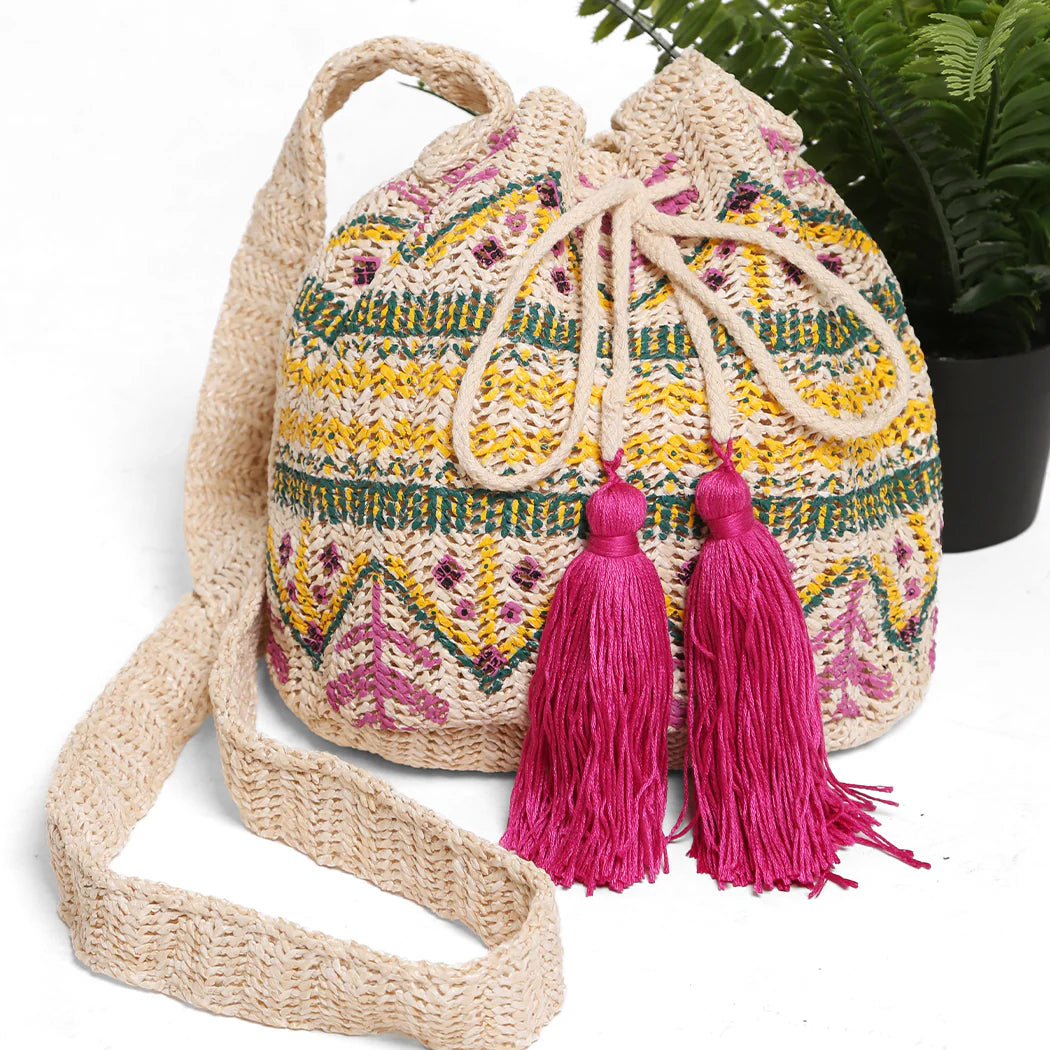 JOIA Tribal Straw Crossbody Bucket Bag