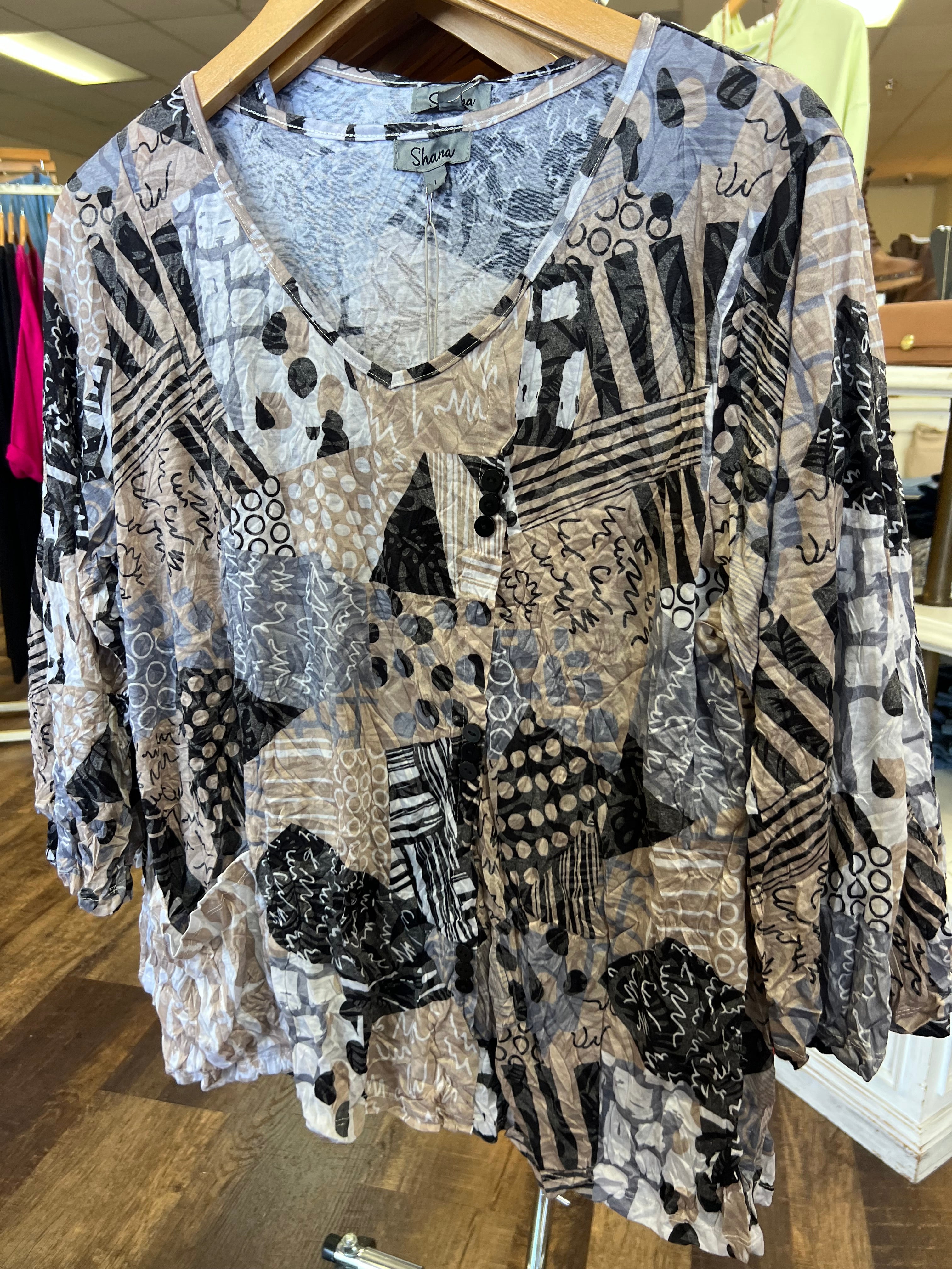 Shana Crinkle Mix Media Button Detail Top, Khaki