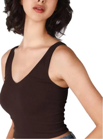 Nikibiki V Neck Ribbed Crop Top Chocolate O/S