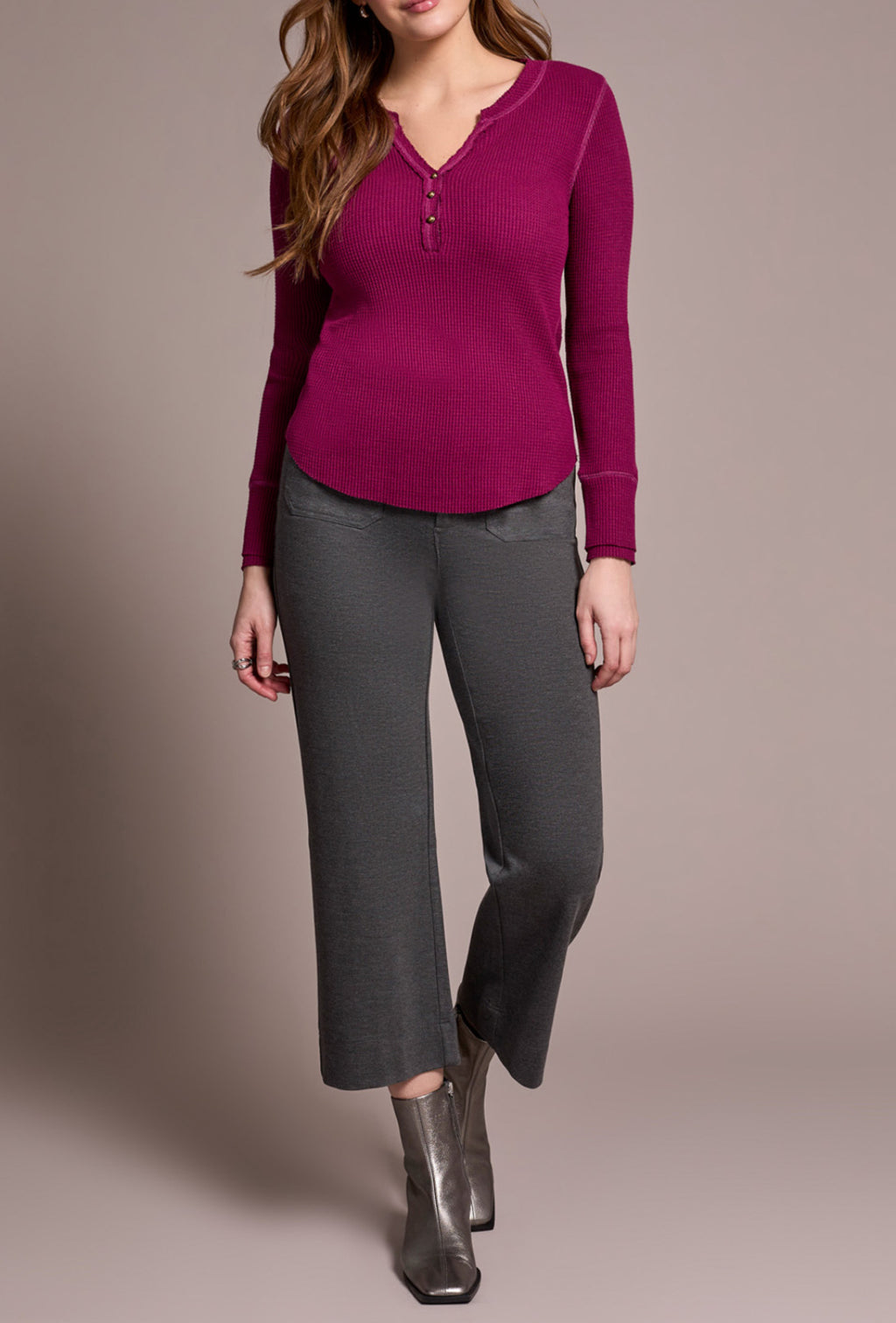 Tribal Henley Top W/Button, Plumwine
