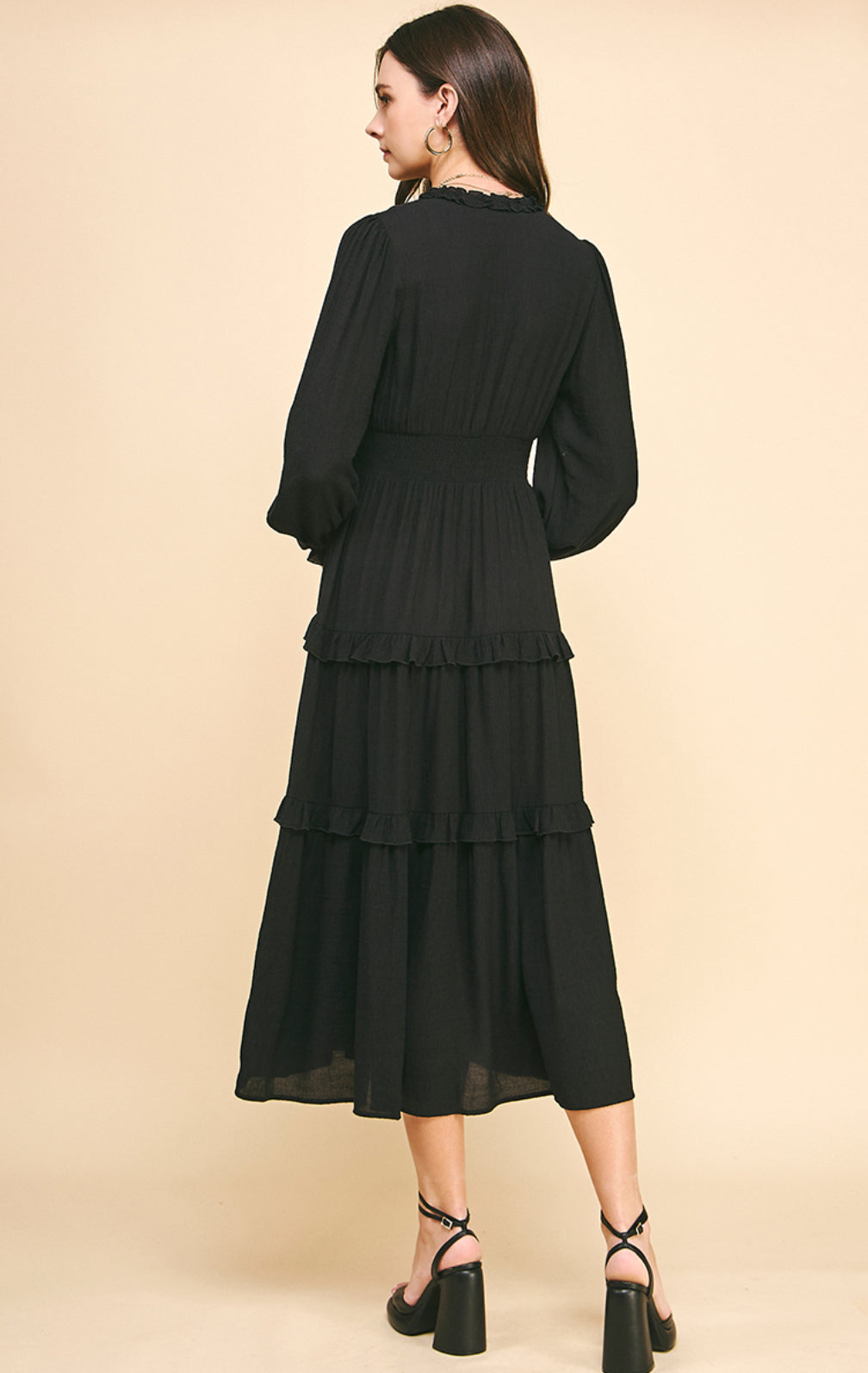 Pinch Ruffled Tiered Midi Dress, Black