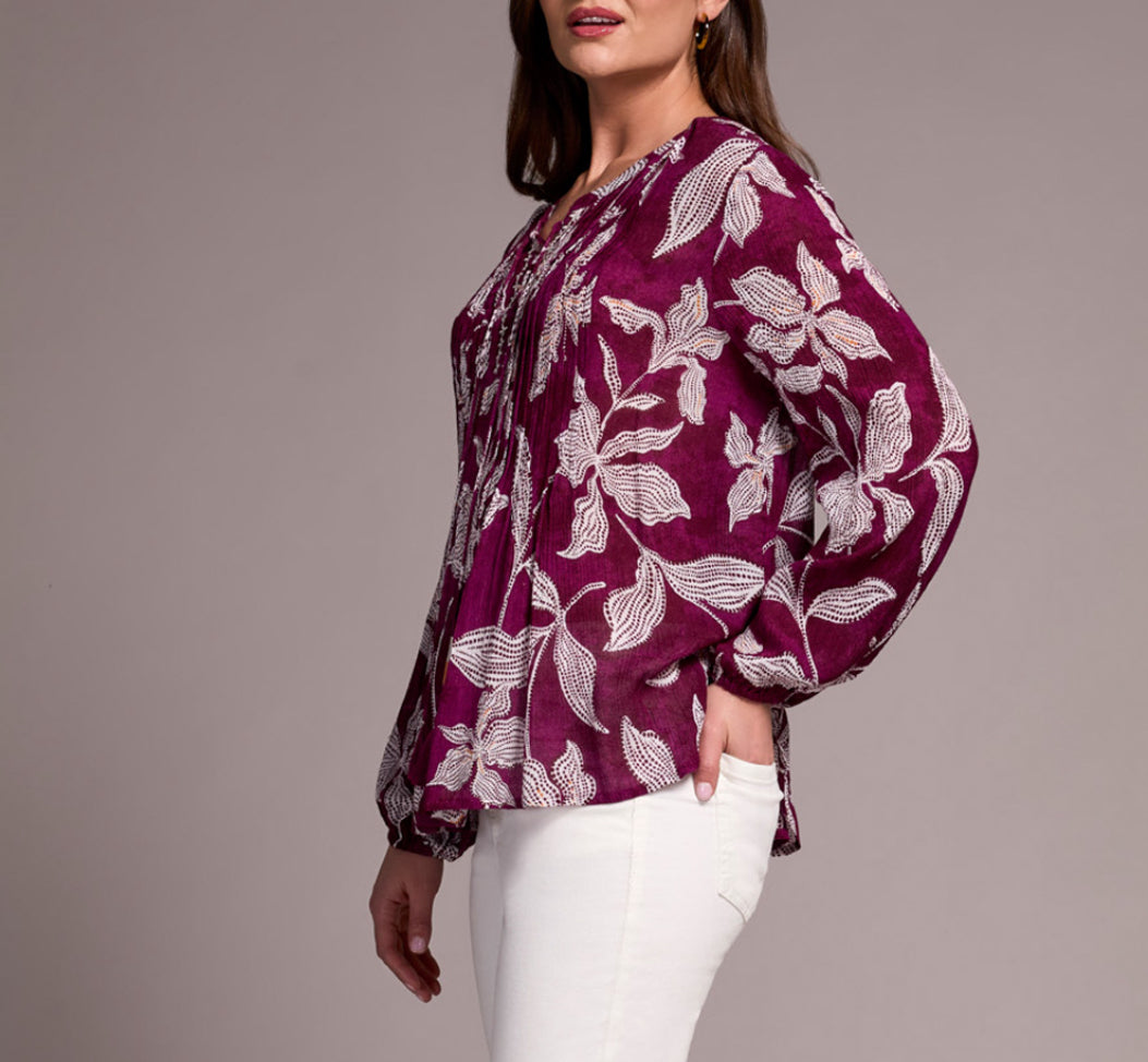 Tribal Wide Sleeve Popover Blouse, Plumwine