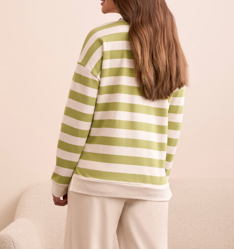 Tribal Long Sleeve Crew Neck Top W/Rib Detail, Wasabi