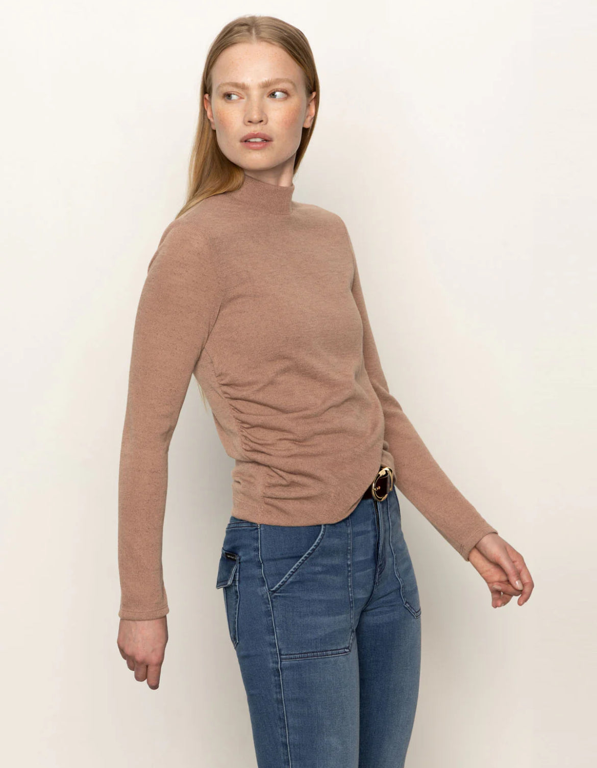 Sanctuary Long Sleeve Draped Mock Neck Mocha