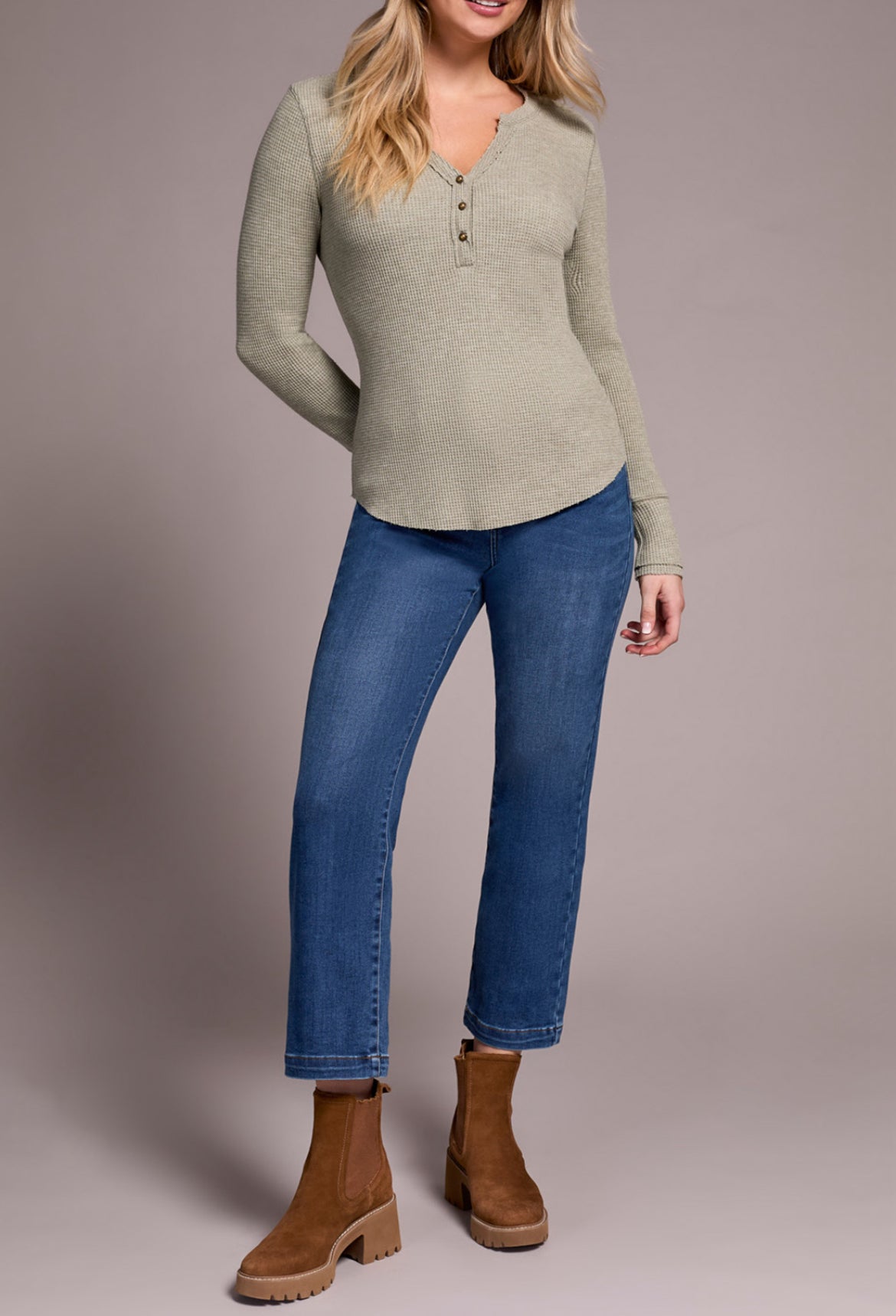 Tribal Henley Top W/Buttons, OliveLeaf