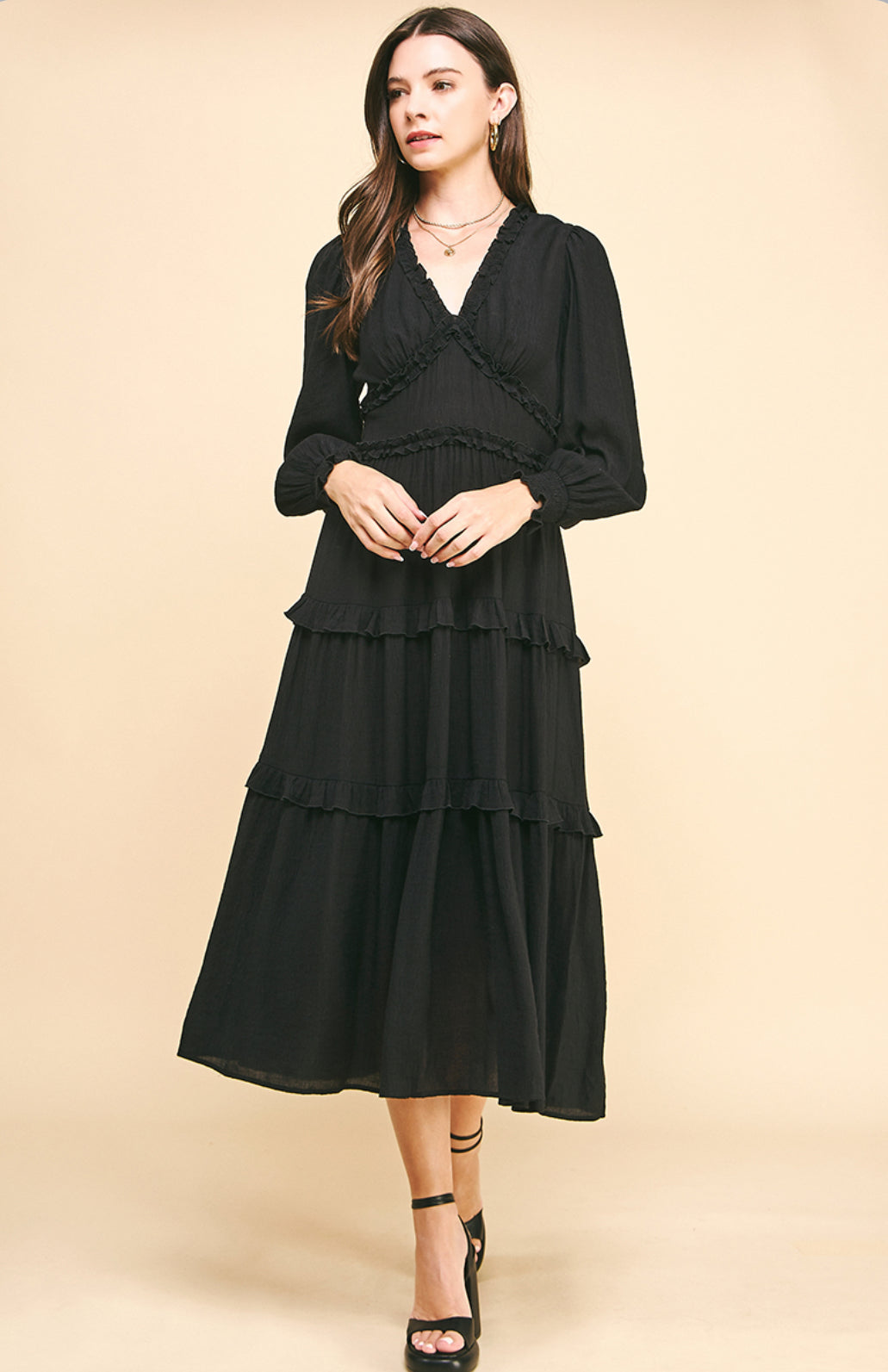 Pinch Ruffled Tiered Midi Dress, Black