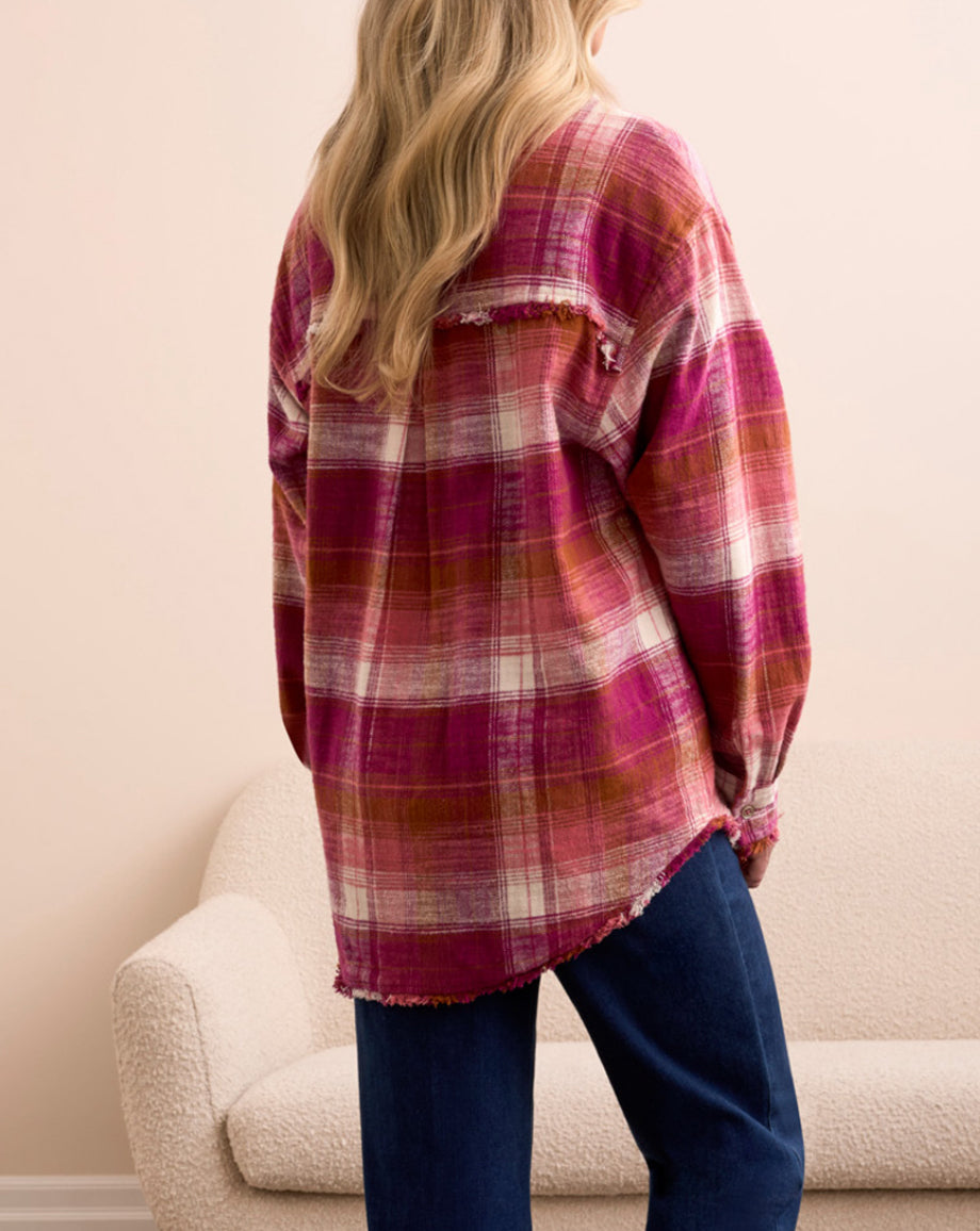 Tribal Plaid Shirt With Fringe Hem, Plumwine