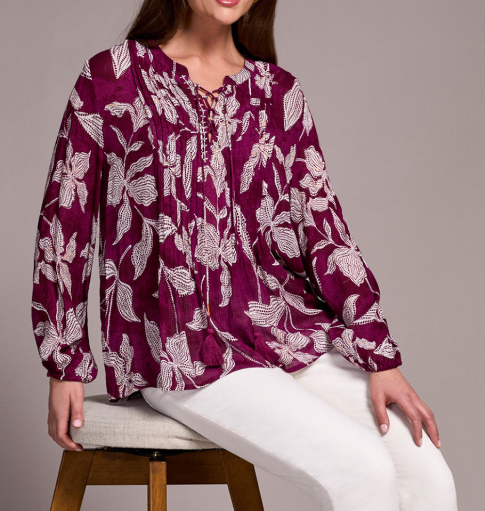Tribal Wide Sleeve Popover Blouse, Plumwine