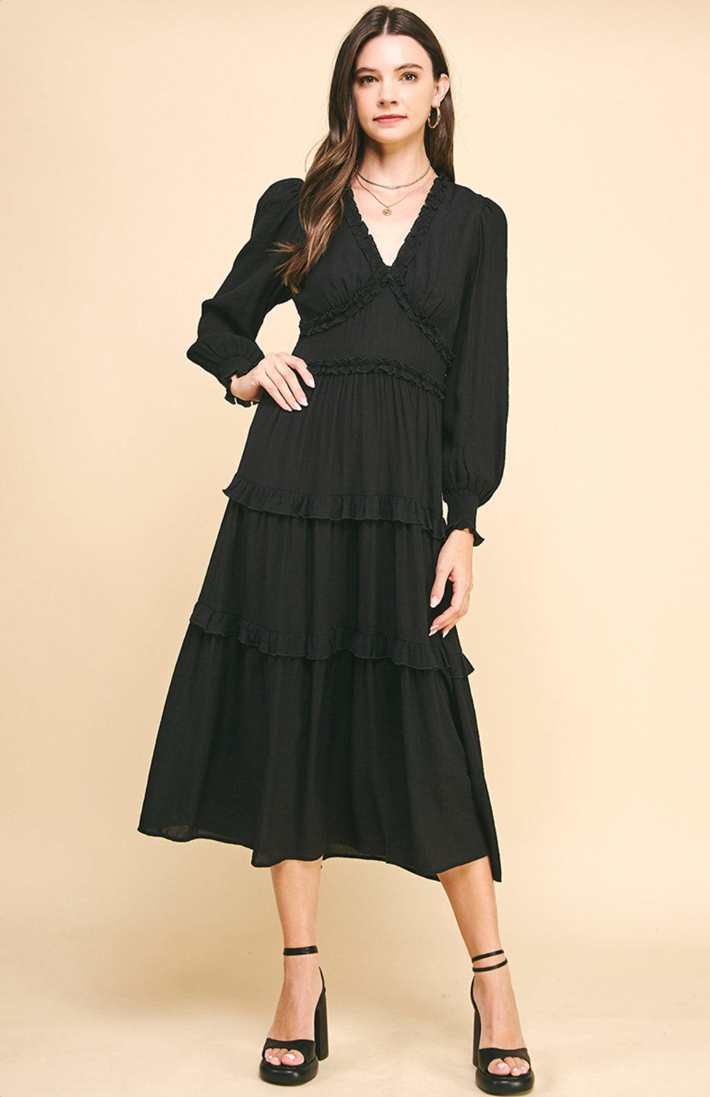 Pinch Ruffled Tiered Midi Dress, Black