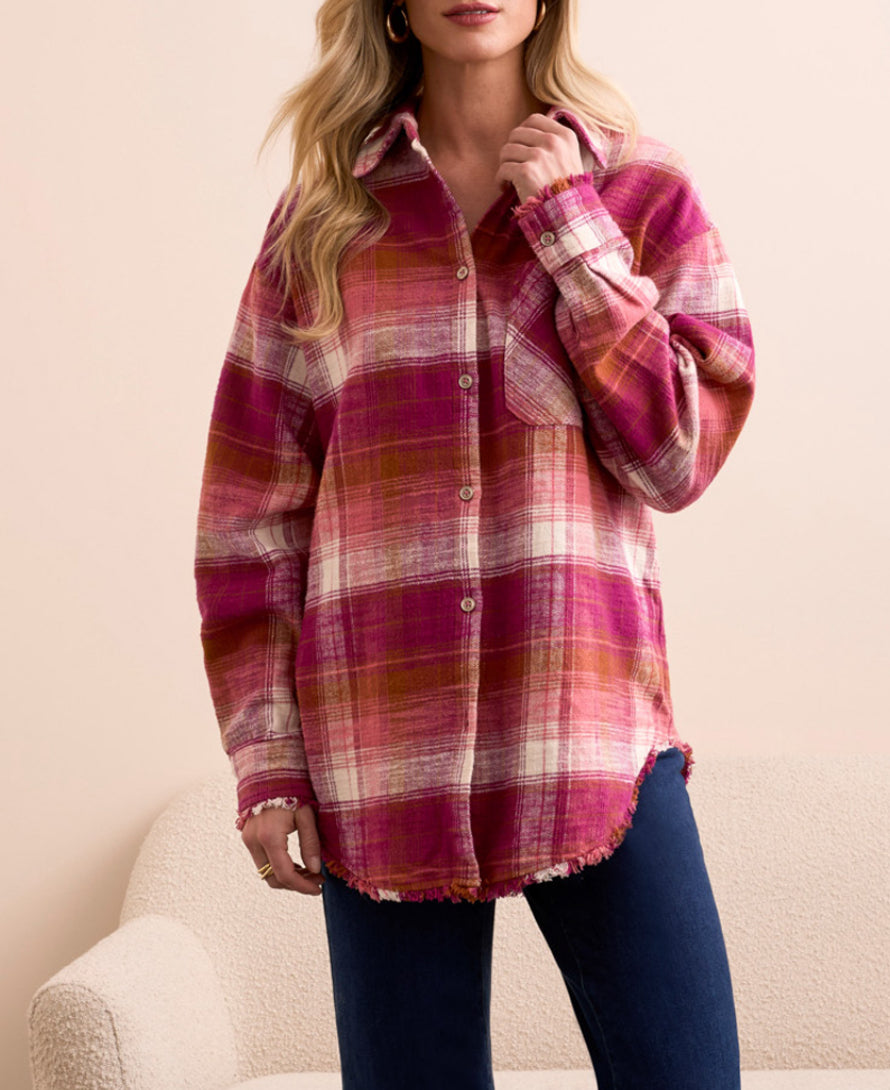 Tribal Plaid Shirt With Fringe Hem, Plumwine