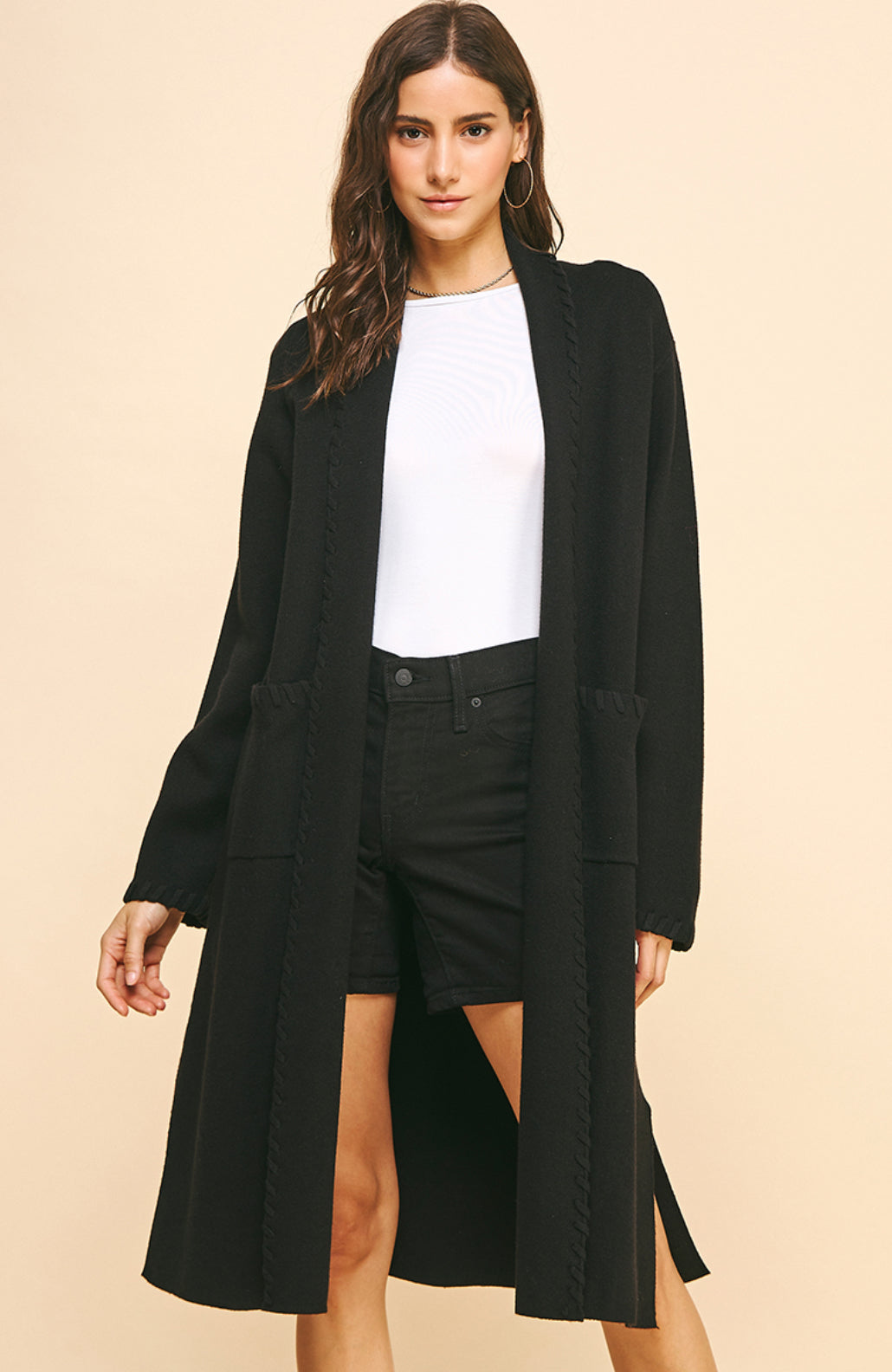 Pinch Edge Detail Open Knit Cardigan, Black 