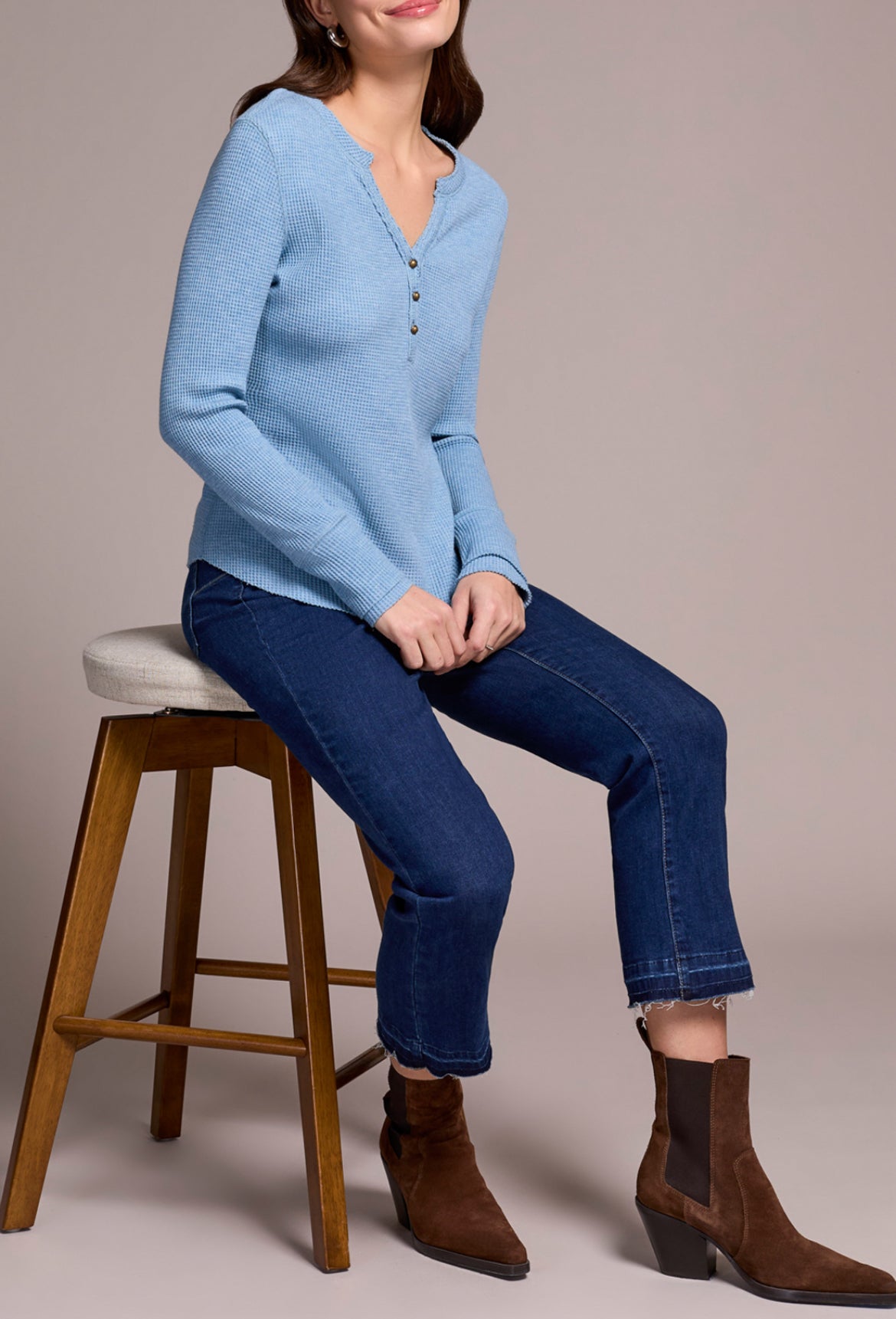 Tribal Henley Top W/Button, Heather Denim