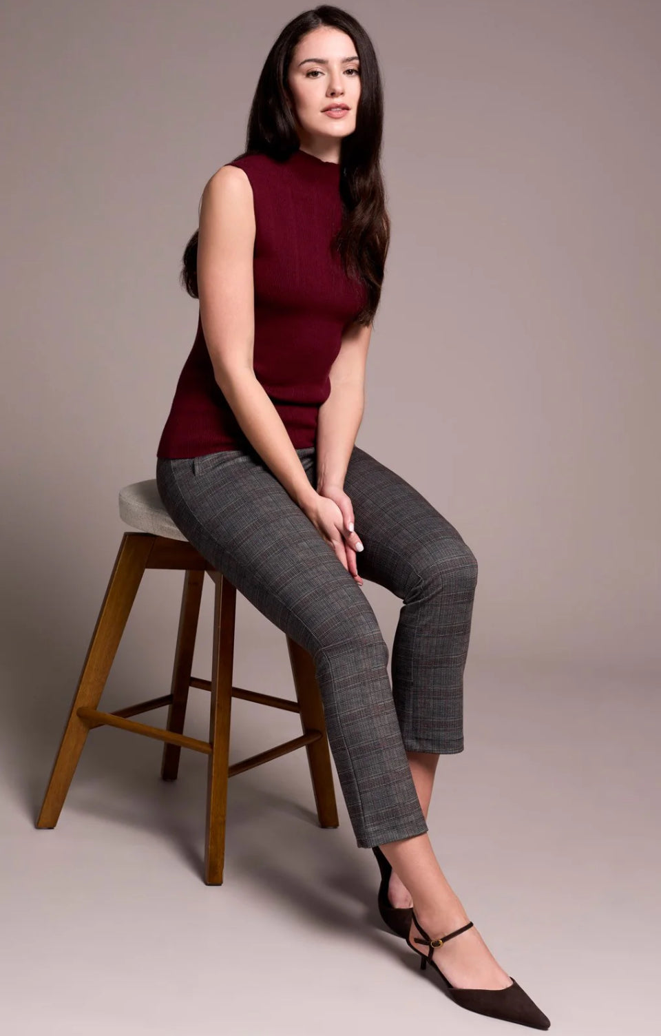 Tribal Textured Sleeveless Mock Neck Top, Wine