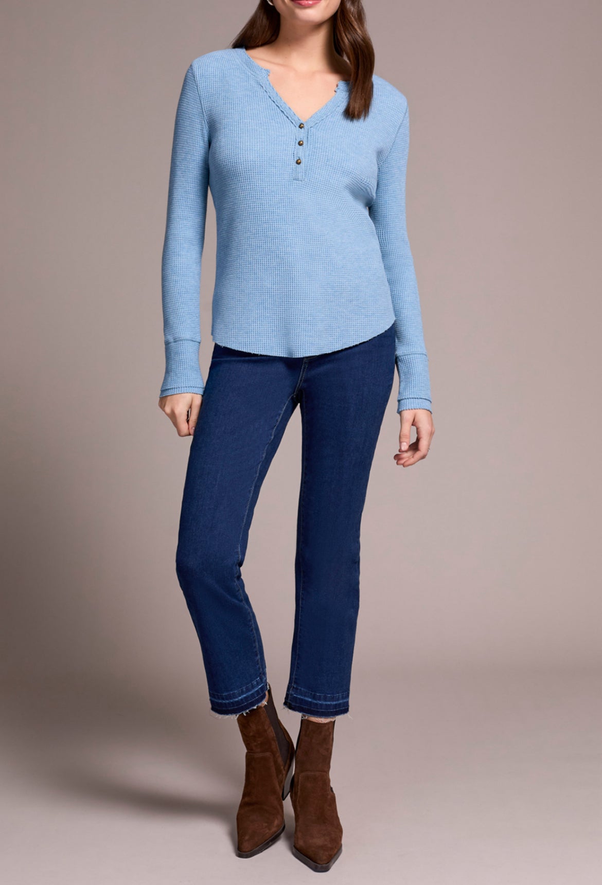 Tribal Henley Top W/Button, Heather Denim