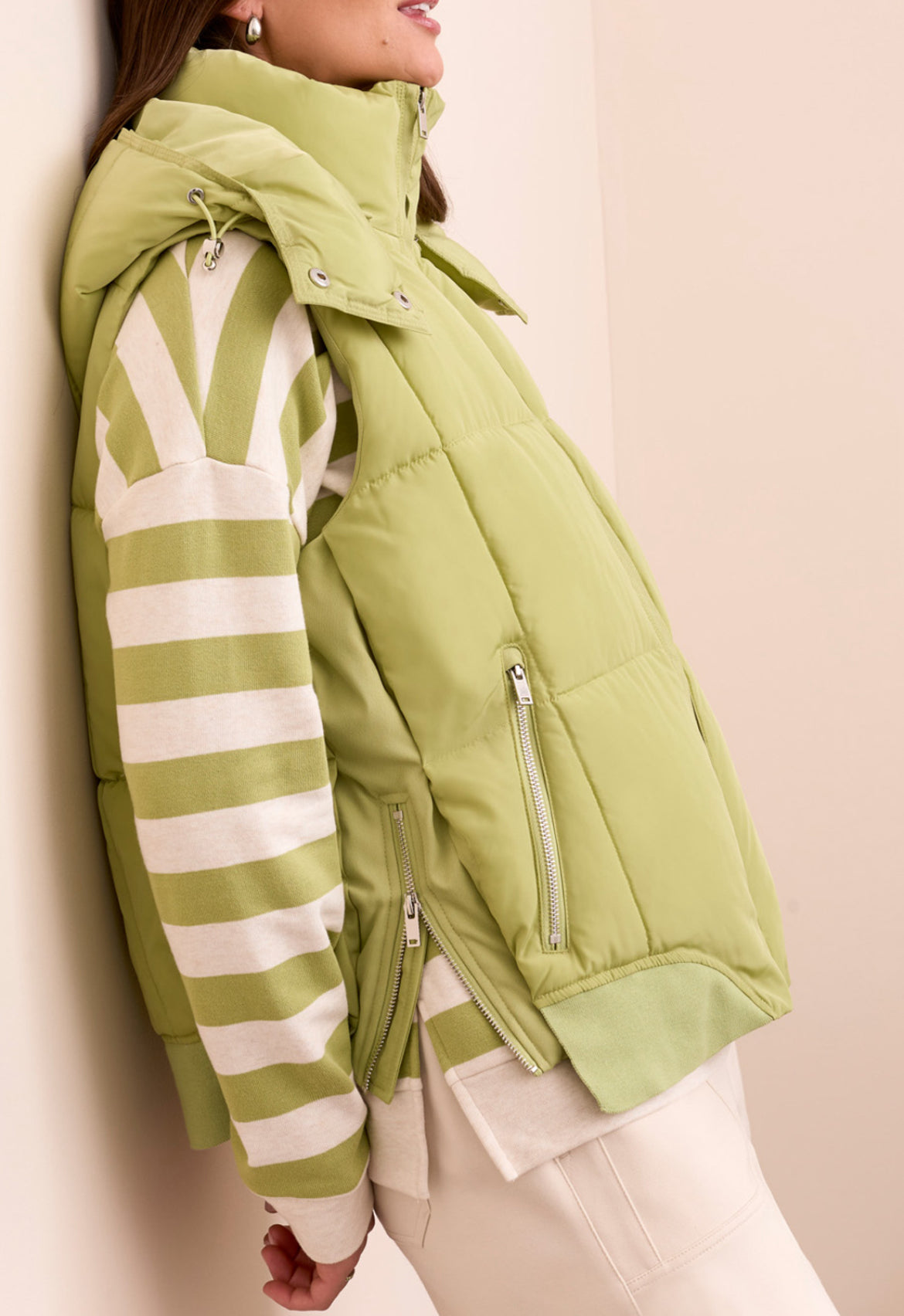 Tribal Quilted Vest W/Removable Hood, Wasabi