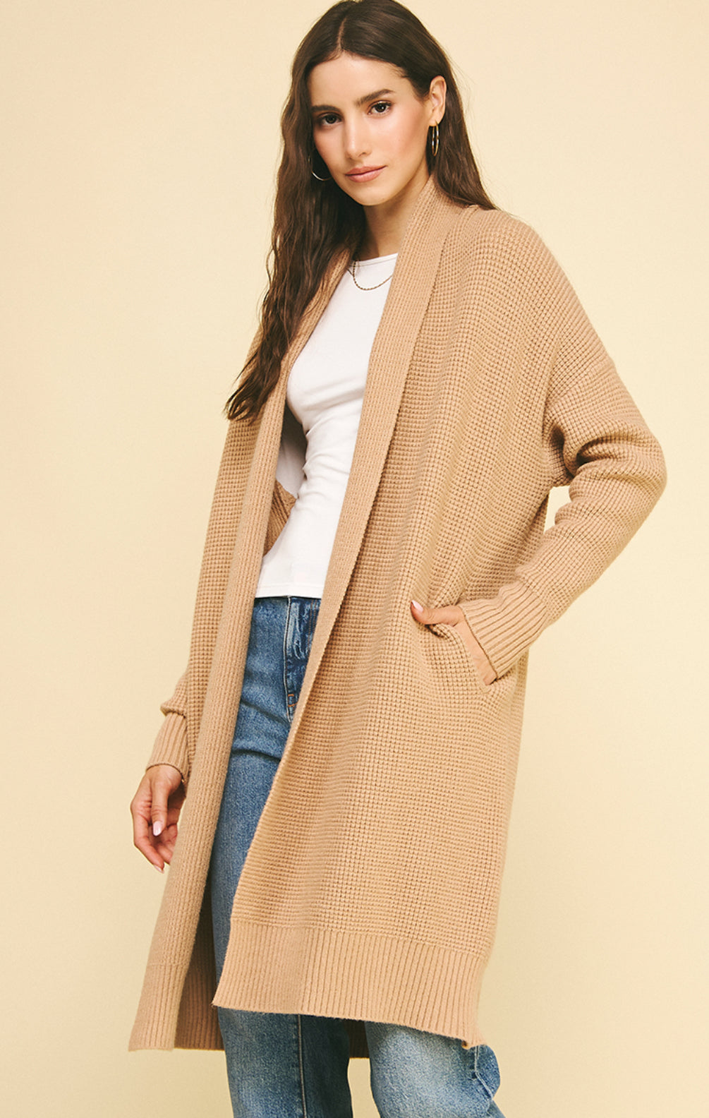 Pinch Waffle Textured Open Front Cardigan Sweater, Camel