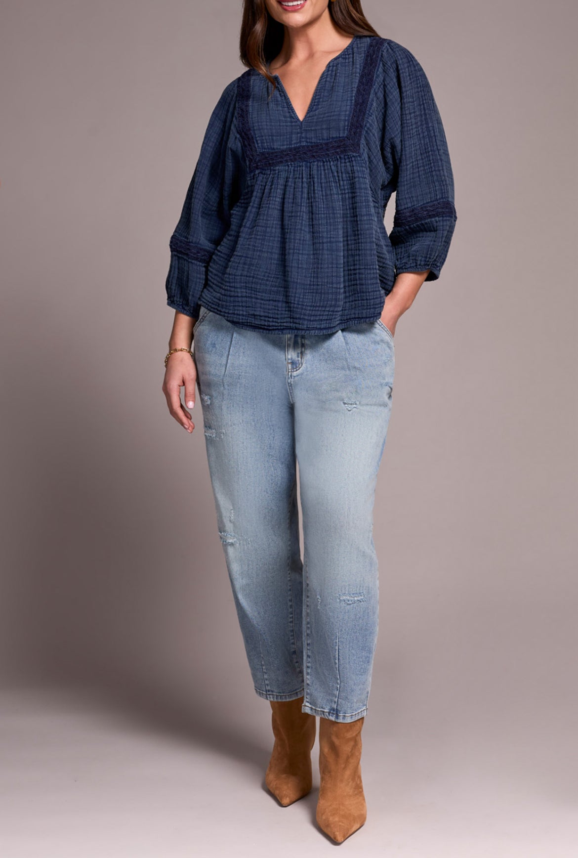 Tribal Cotton Gauze 3/4 Sleeve Empire Waist Blouse, Nightfall